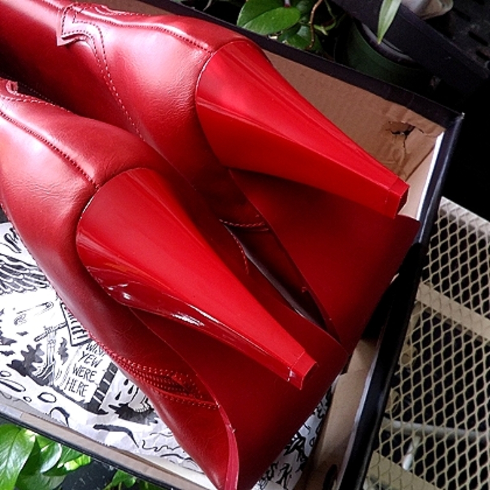Dolls Kill Red Pointed-Toe Mid-Calf Heeled Boots - Picture 12 of 16